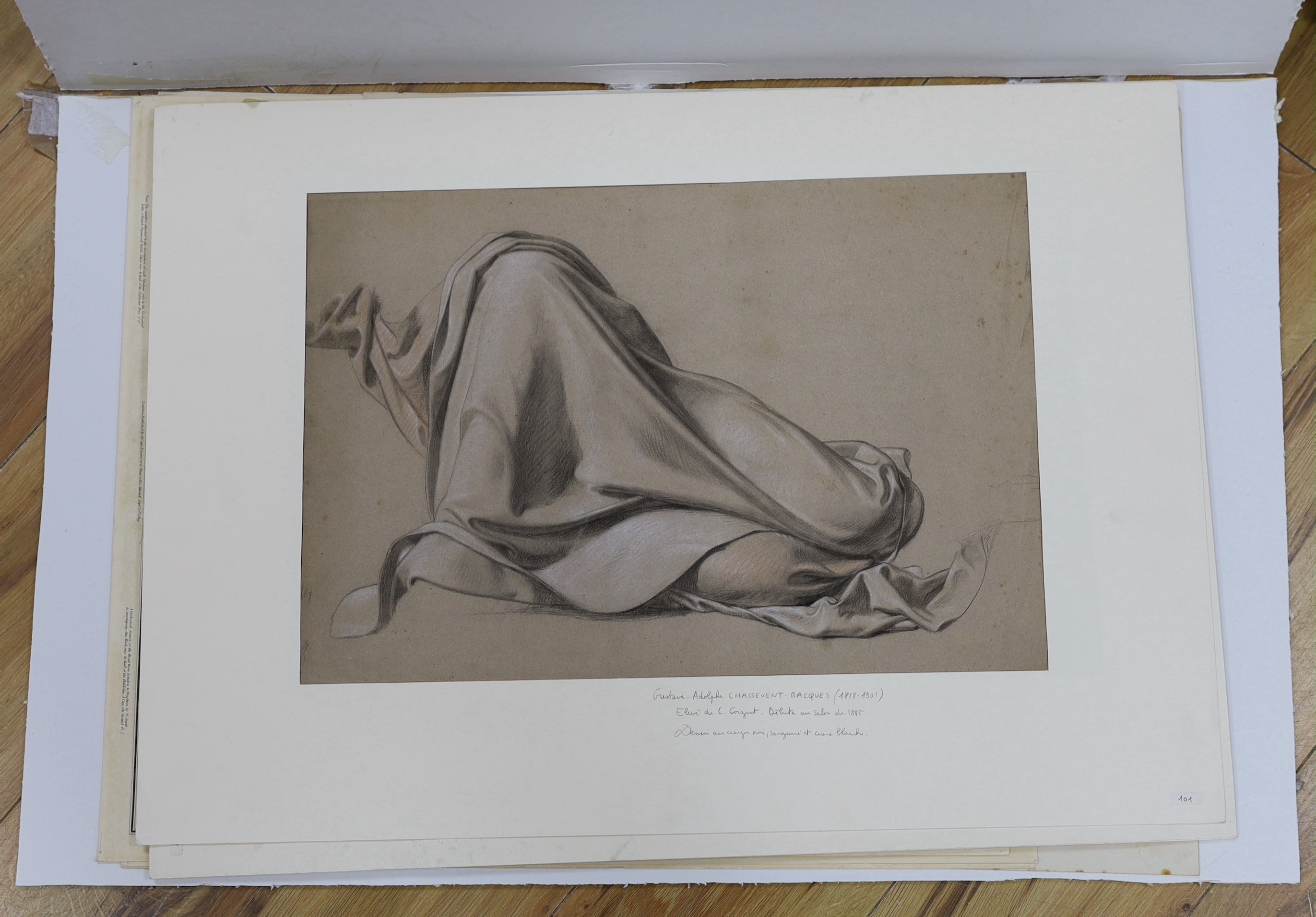 Gustave Adolphe Chassevent-Bacques (1818-1901), two drawings, Studies of drapery, 34 x 49cm, together with a group of assorted 18th century and later engravings